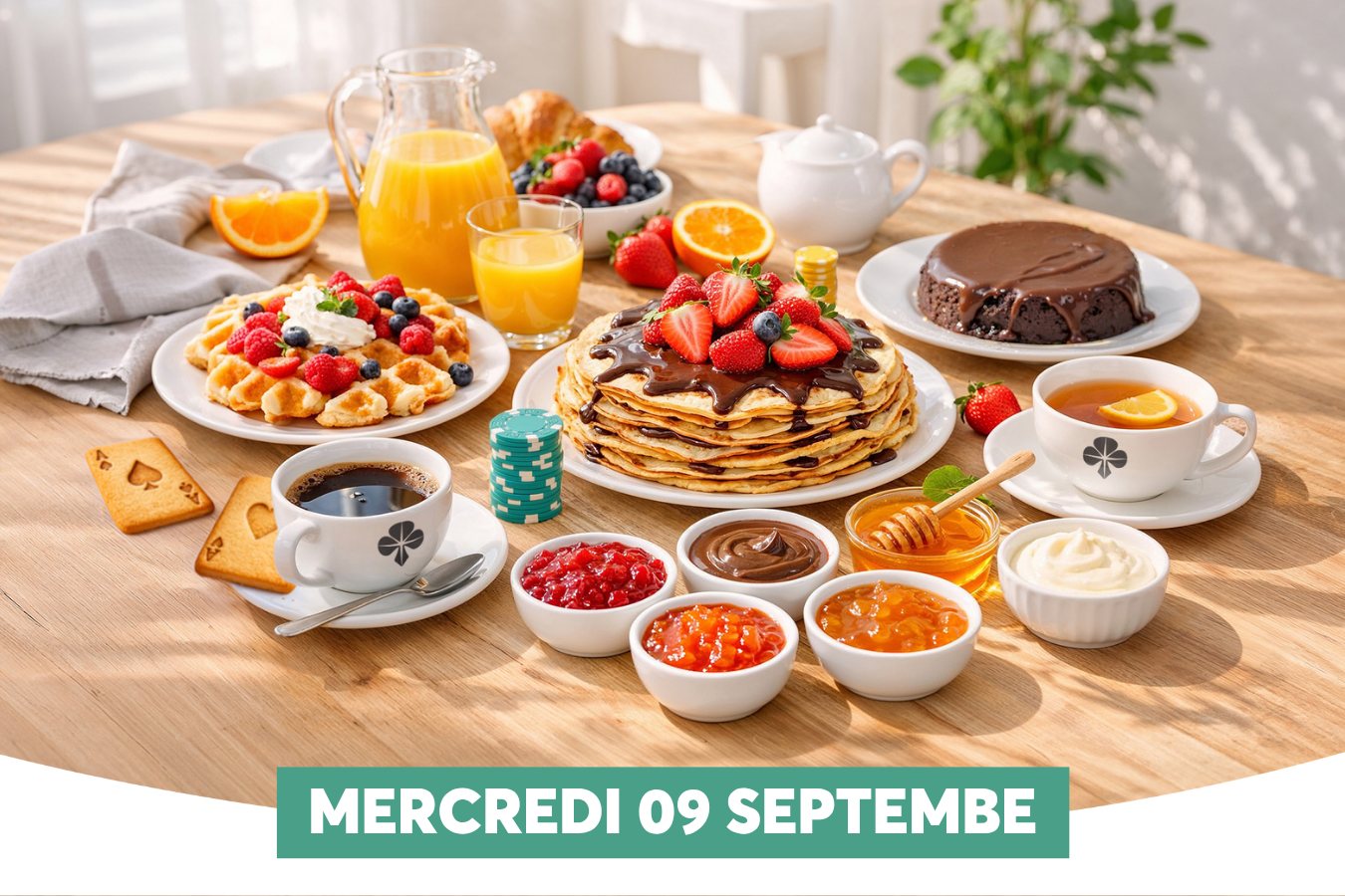 Cette image montre une table en bois garnie d'un copieux petit-d�jeuner, avec au premier plan une grande pile de pancakes napp�s de sauce au chocolat et garnis de fraises et de myrtilles. Autour se trouvent des gaufres � la chantilly, un g�teau au chocolat, des pancakes, des jetons de poker, et plusieurs petits bols de confitures et de chocolat � tartiner, le tout baign� de lumi�re naturelle et surmont� d'une banni�re verte indiquant � MERCREDI 09 SEPTEMBE �.
