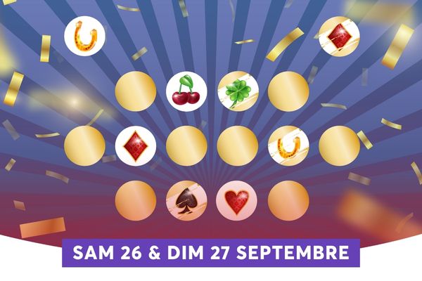 Cette image pr�sente un fond en d�grad� violet et rouge d'o� rayonnent des lignes bleues et mauves, avec des confettis dor�s et argent�s qui lui donnent un air festif. Au premier plan, une grille de cercles dor�s et p�che met en sc�ne des symboles de chance et de casino � fer � cheval, cerises, tr�fle � quatre feuilles, carreau, pique et c�ur � surmontant un bandeau violet fonc� portant du texte blanc.