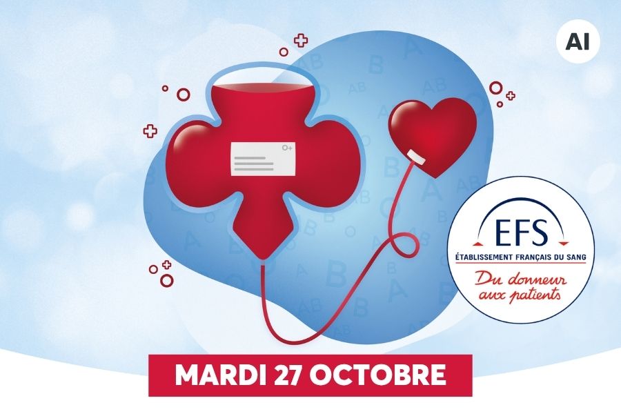 Un don de sang est illustr� par une poche de sang rouge en forme de tr�fle � quatre feuilles reli�e par un tuyau � un c�ur pans�, sur fond bleu clair parsem� des groupes sanguins A, B, AB et O+. Le logo de l'EFS accompagne l'annonce d'une collecte le mardi 27 octobre.