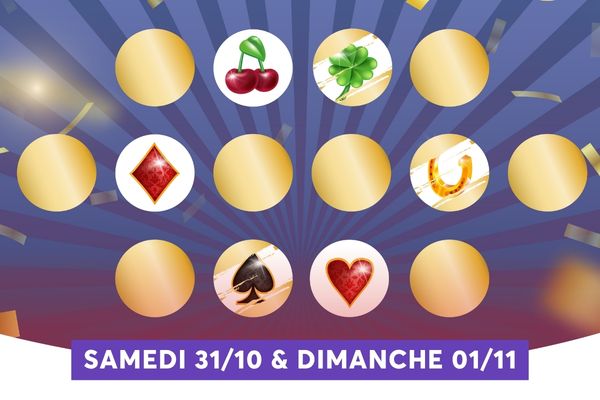 Cette image est un visuel promotionnel sur fond violet orn� de rayons bleu fonc� et de confettis dor�s, pr�sentant 15 cercles dispos�s en trois rang�es de cinq. Certains cercles, encore dor�s, c�toient des symboles porte-bonheur ou de cartes � jouer (cerises, tr�fle � quatre feuilles, carreau, fer � cheval, pique, c�ur), tandis qu'une banni�re violette annonce en bas � SAMEDI 31/10 & DIMANCHE 01/11 �.