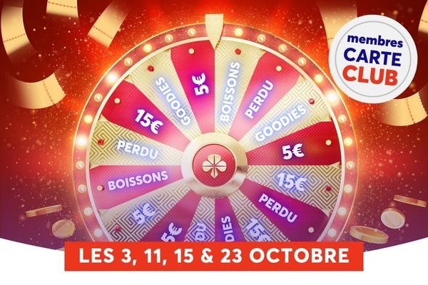 Une grande roue de la chance festive se d�tache sur un fond rouge et or, d�cor�e de confettis dor�s et de pi�cettes scintillantes. Divis�e en cases affichant des lots comme � GOODIES �, � 5� �, � BOISSONS �, � 15� � ou � PERDU �, elle est r�serv�e aux membres CARTE CLUB et associ�e aux dates du 3, 11, 15 et 23 octobre.
