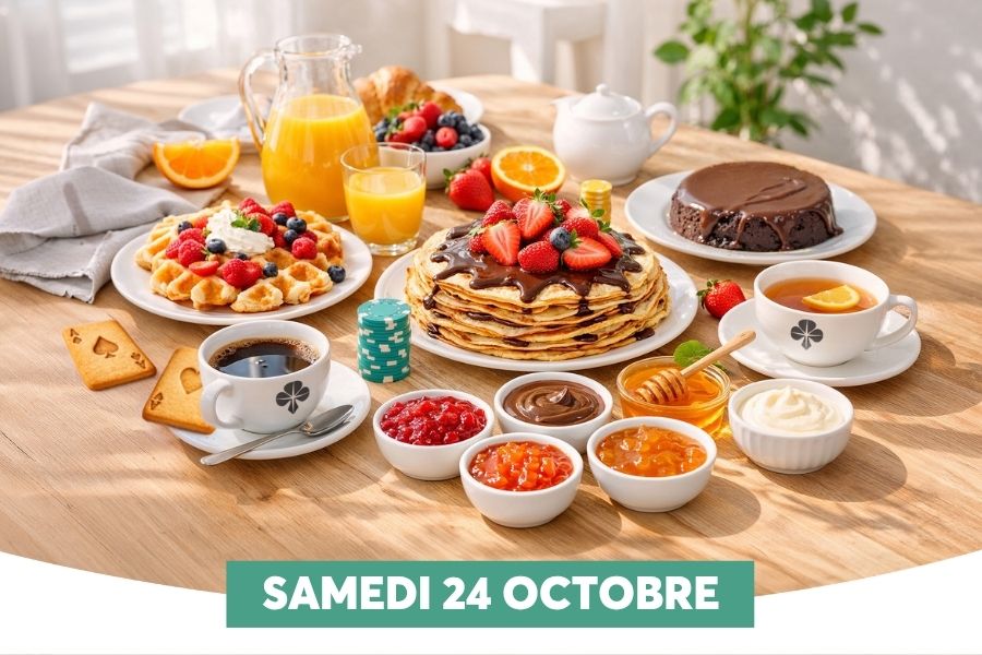 Une g�n�reuse table de petit-d�jeuner en bois clair est dress�e sous une lumi�re naturelle venue de la gauche : au centre, une haute pile de pancakes napp�e de chocolat et garnie de fraises et de myrtilles fait face � une assiette de gaufres � la chantilly et aux fruits rouges. Autour sont dispos�s jus d'orange, th�i�re blanche, cake au chocolat, caf� noir, th� au citron, ainsi que de petits pots de confiture, marmelade, miel, p�te � tartiner et cr�me, sans oublier deux biscuits en forme de pique et une pile de jetons de poker, le tout surmont� d'un bandeau vert � SAMEDI 24 OCTOBRE �.
