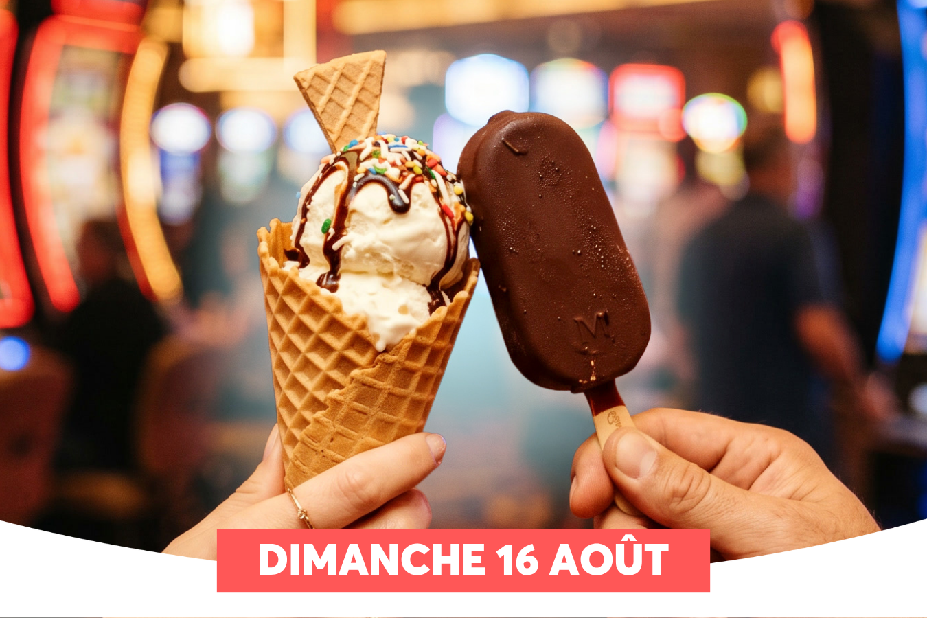 Deux mains pr�sentent des glaces devant un fond flou aux couleurs vives �voquant un casino ou une arcade. � gauche, une main avec un fin anneau dor� tient un cornet gaufr� garni de cr�me glac�e � la vanille, napp� de chocolat, de vermicelles color�s et d'un petit morceau de gaufre. � droite, une main tient une barre glac�e au chocolat Magnum, tandis qu'une banni�re rouge en bas de l'image annonce � DIMANCHE 16 AO�T �.