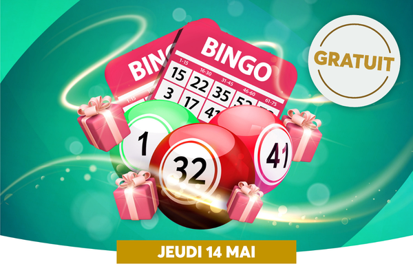 On voit une affiche publicitaire pour un tirage Bingo avec un chariot de num�ros �BINGO� et des ballons/�l�ments festifs. En haut � droite, on lit �GRATUIT�, et en bas le rendez-vous : JEUDI 14 MAI.