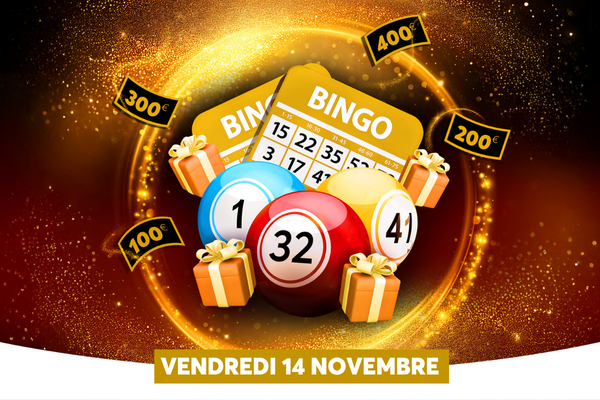 Une scne festive de jeux de hasard avec des boules de bingo, des cartes et des cadeaux dors scintillants. Le tout est encadr par une ambiance lumineuse et des lments indiquant la date: vendredi 14 novembre.