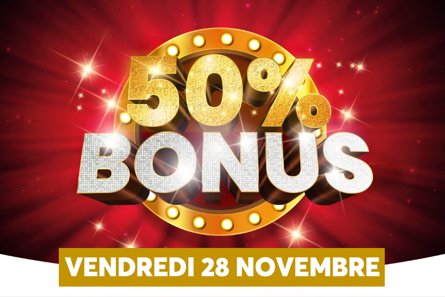 Une image vibrante et festive mettant en avant un grand texte  50% BONUS  en lettres scintillantes dores et argentes, entour dun cercle lumineux sur un fond rouge dynamique. En bas, une bande dore affiche gravement la date  VENDREDI 28 NOVEMBRE , suggrant une promotion spciale qui attire lattention.