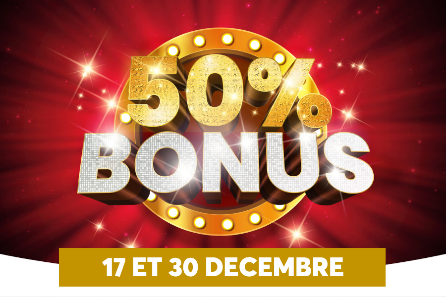 Limage met en valeur un grand texte 50% BONUS en lettres paisses et scintillantes, pos sur un cercle dor entour de lumires et dun fond rouge clatant. Au premier plan, on voit une bannire dore en bas indiquant les dates 17 ET 30 DECEMBRE, suggrant une promotion limite dans le temps. Lensemble cre une ambiance festive et spectaculaire, typique des offres promotionnelles dans un casino ou un site de jeux.