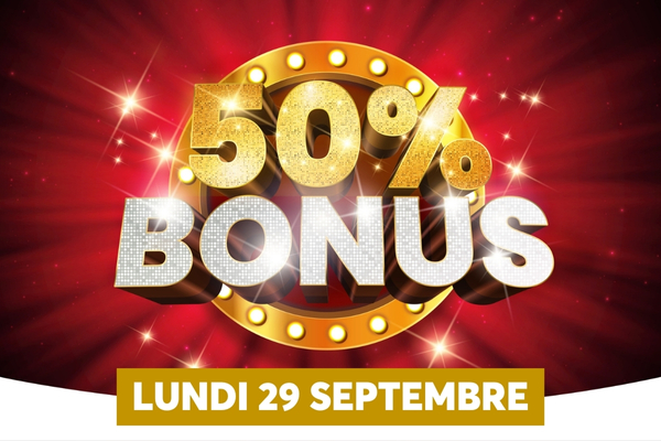 Limage affiche un grand symbole de 50% BONUS en lettres dores et argentes brillantes, sur un fond rouge clatant avec des clats de lumire. En bas, une bande jaune indique la date  Lundi 29 Septembre , suggrant une offre promotionnelle spciale.