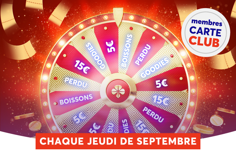 Une roue de la fortune dor�e et rouge, illumin�e d'ampoules et couverte de confettis, propose des lots comme des goodies, des boissons, 5�, 15� ou 