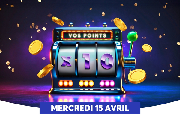 On voit une machine � sous stylis�e avec un �cran qui affiche des points, et des pi�ces qui tombent autour. Le visuel est color� (n�ons et contrastes) et met en avant une ambiance de jeu/fortune. En bas, une banni�re indique la date � MERCREDI 15 AVRIL �.