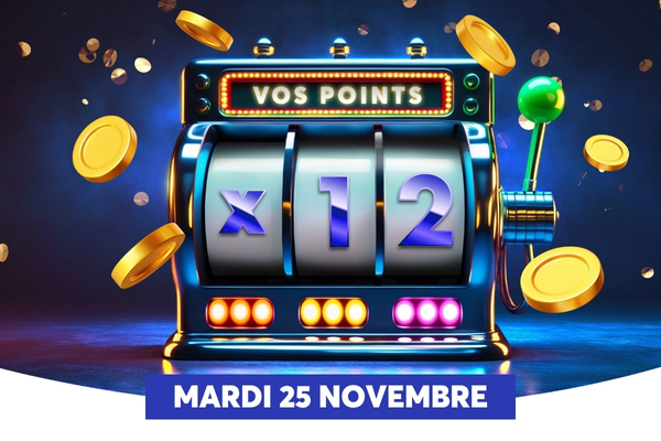 Limage montre une machine  sous lumineuse et colore avec des symboles x, 1, 2 qui indiquent un gain potentiel, entoure de pices dor et deffets scintillants. Le tableau affiche VOS POINTS en haut, et des LEDs multicolores au bas qui renforcent lambiance casino moderne et festive. En bandeau en bas, on lit la date MARDI 25 NOVEMBRE, suggrant un vnement ou une promotion spciale.