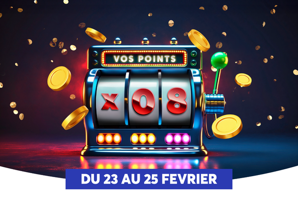 L�image montre une machine � sous color�e avec des chiffres affich�s X, 0 et 8 et des pi�ces d�or qui tombent autour. Le panneau lumineux en haut lit 