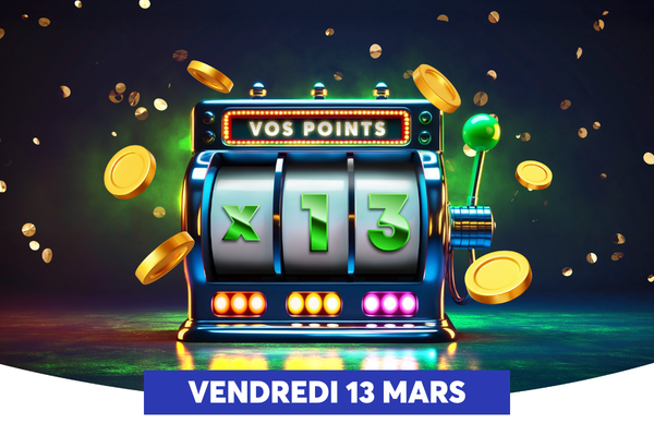 Une machine � sous lumineuse affiche les symboles � X �, � 1 � et � 3 �, avec des pi�ces dor�es qui tombent autour dans une ambiance festive. Le fond sombre � paillettes met en valeur les jeux de lumi�re et les couleurs vives de la machine, renfor�ant l�effet de c�l�bration. Une banni�re bleue en bas indique la date � VENDREDI 13 MARS �, sugg�rant un �v�nement sp�cial ou une promotion li�e � ce jour.