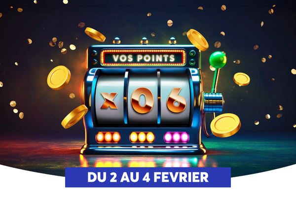 Un slot machine �blouissant avec des symboles �x� et �06� qui affichent un gain, entour� de pi�ces qui tombent et d�un fond color�. Un bandeau en bas annonce une promotion du 2 au 4 f�vrier.