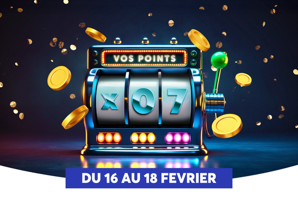 Une machine � sous lumineuse et color�e, affichant � X07 � avec des pi�ces d�or en suspension autour, �voquant une ambiance de casino festive et dynamique. En bas, un bandeau bleu indique les dates � DU 16 AU 18 F�VRIER �, sugg�rant une promo ou un �v�nement sp�cial associ� au jeu.