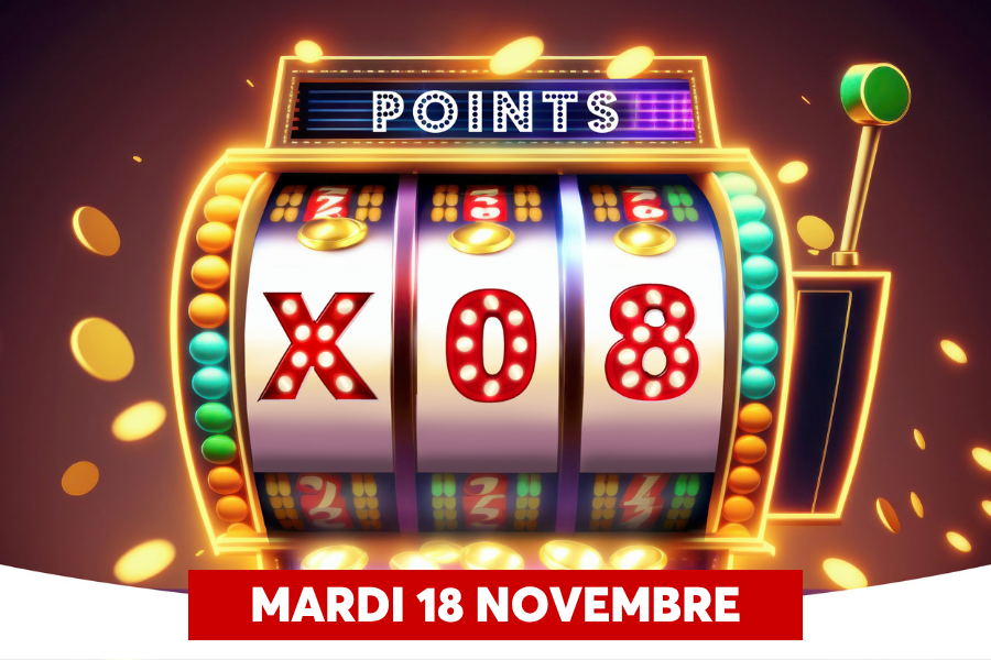 Une machine  sous lumineuse et festive avec des chiffres et des lettres scintillants, entoure de pices dores et dun cadre dor clatant. Le texte indique une date MARDI 18 NOVEMBRE sur une bannire rouge en bas de limage.