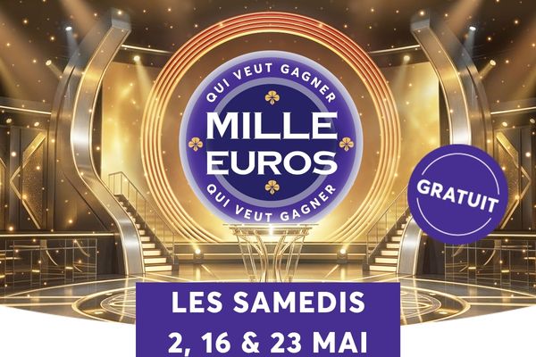 L�image annonce un �v�nement nomm� �Mille Euros� avec la mention �Qui veut gagner�. On y voit aussi le texte �GRATUIT� et une date indiquant �LES SAMEDIS 2, 16 & 23 MAI�. L�ensemble est pr�sent� dans un d�cor de studio �l�gant, avec des �l�ments lumineux et un grand visuel central.