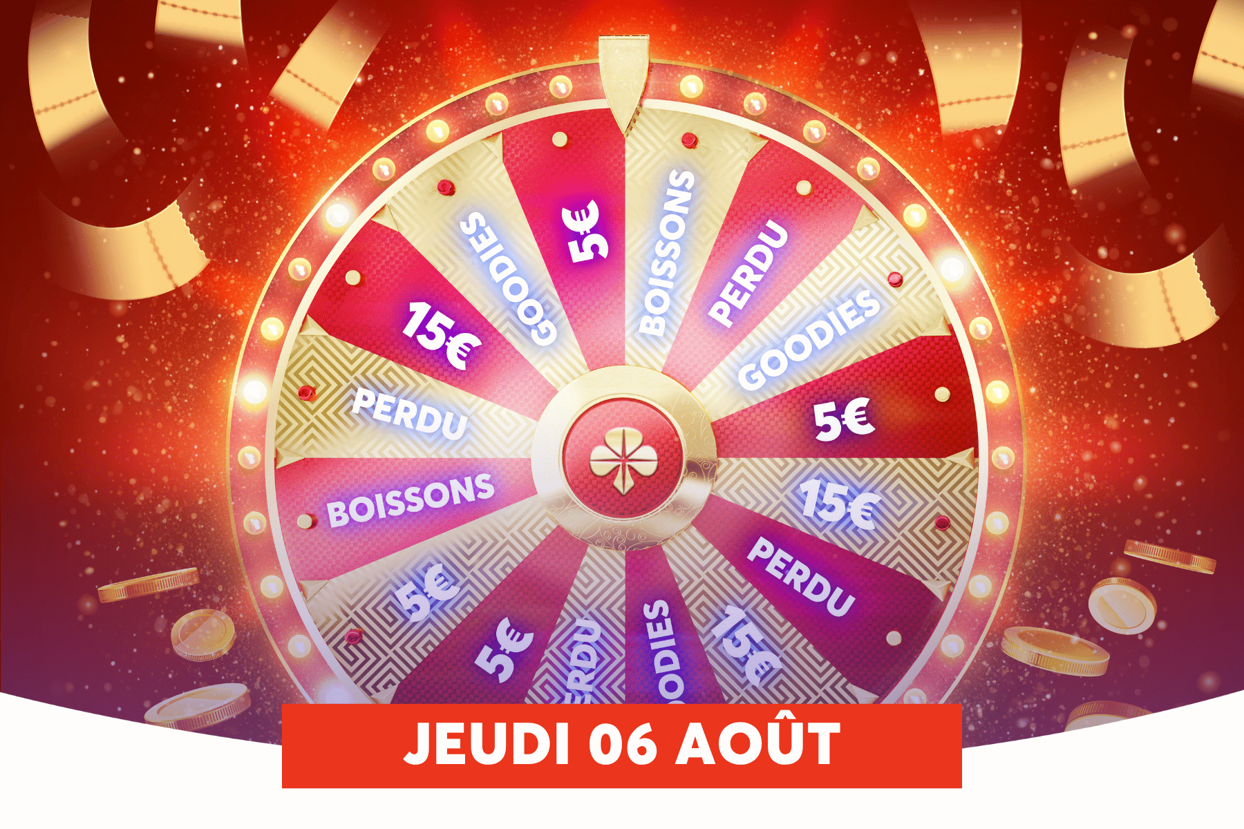 Cette image repr�sente une roue de la chance rouge et dor�e, illumin�e de lumi�res scintillantes, avec des segments indiquant 