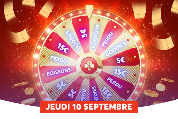 Tentez votre chance � la roue de la fortune Golden Palace le jeudi 10 septembre ! � gagner : bons de 5� et 15�, boissons offertes et goodies. Jouez maintenant ! 