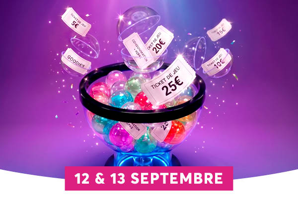 Op�ration � Quel joueur �tes-vous ? � les 12 et 13 septembre. Gumball machine remplie de boules color�es, tickets de jeu � gagner de 5 � � 25 � et goodies. Fond violet et rose dynamique.